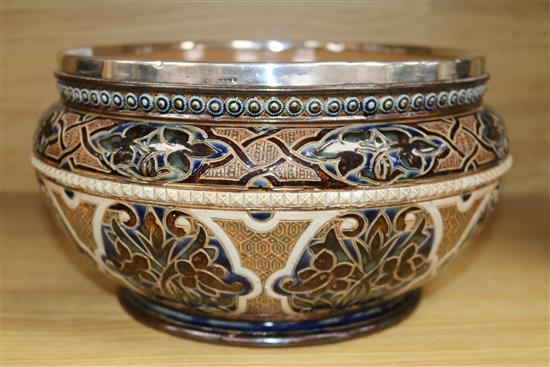 A Doulton stoneware bowl with silver mount Diameter 23.5cm